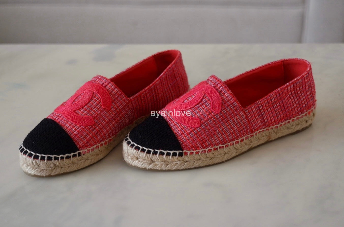 CHANEL Red Black Tweed Espadrilles Shoes Size 38 EU