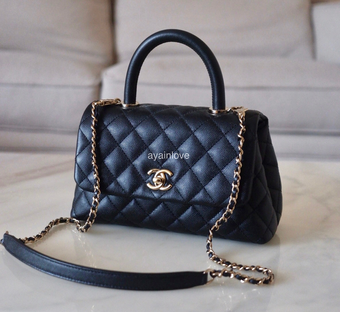 CHANEL Black Caviar Quilted Small Coco Handle 24 cm Light Gold Hardware