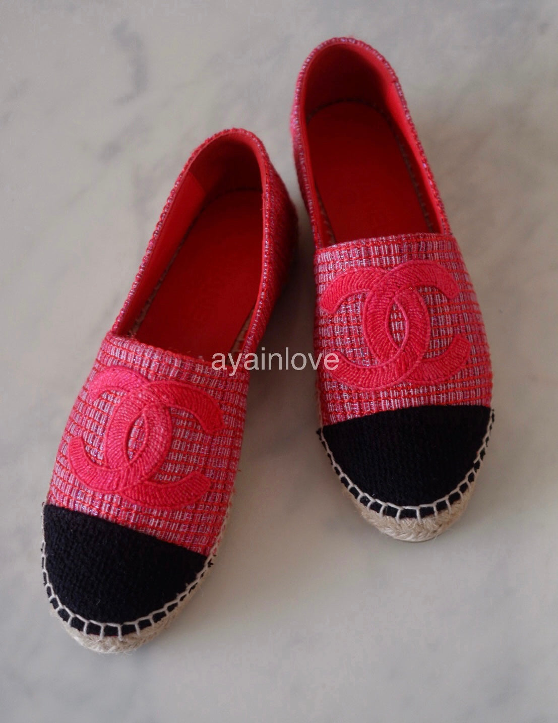 CHANEL Red Black Tweed Espadrilles Shoes Size 38 EU