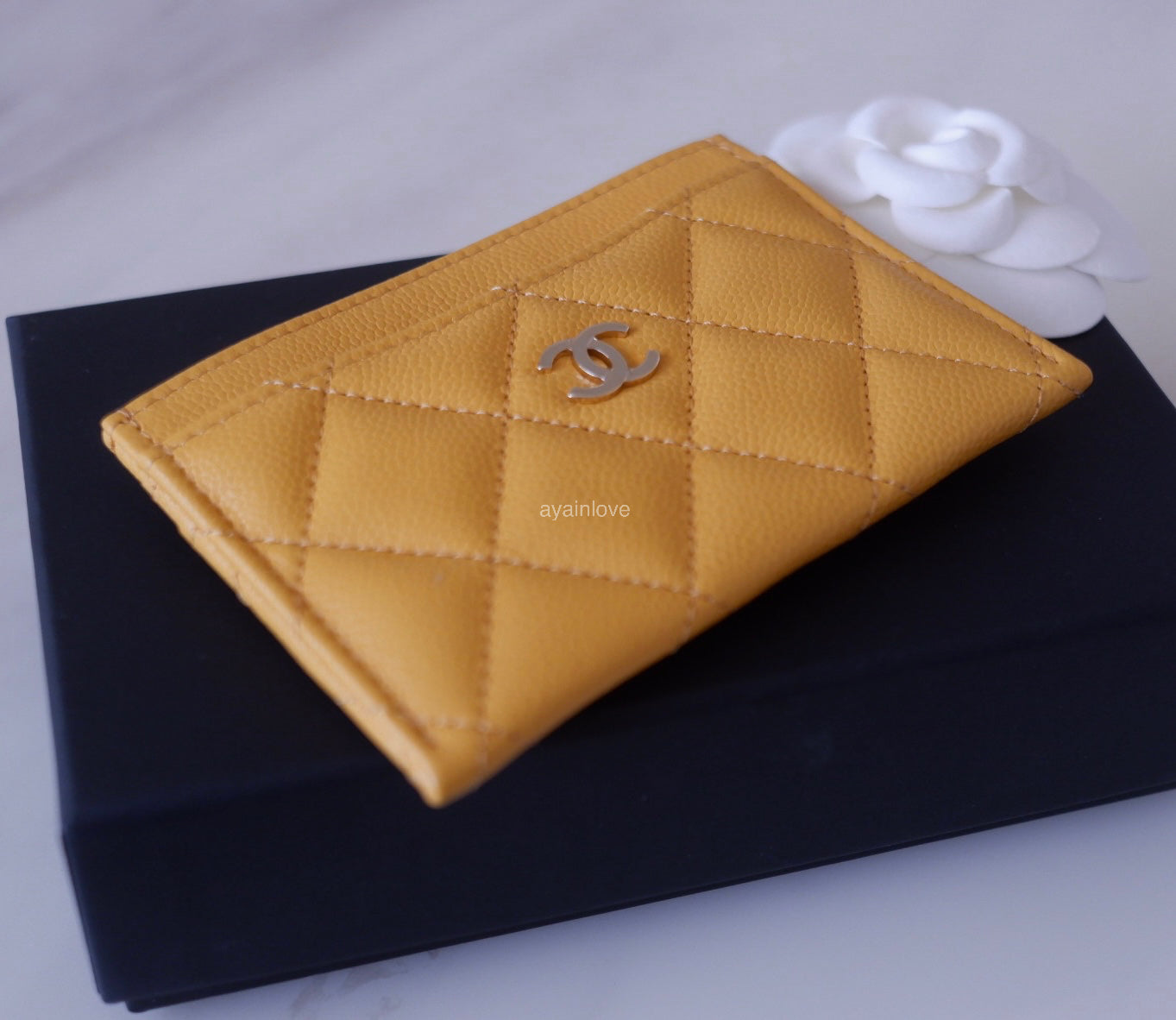 CHANEL 23A Yellow Caviar Flat Card Holder Light Gold Hardware
