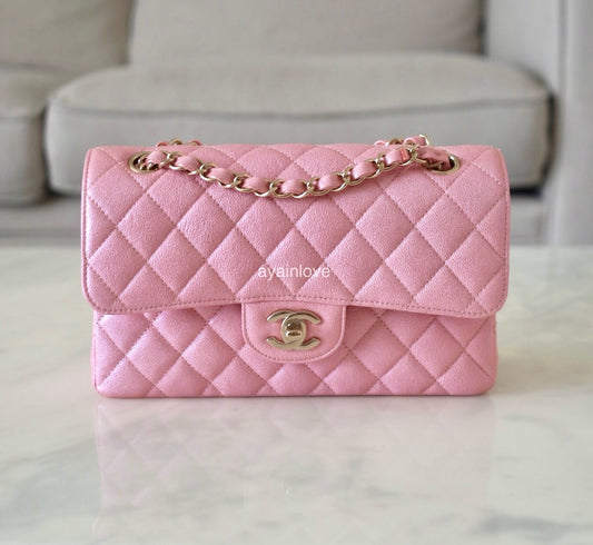 CHANEL 19S Iridescent Pink Caviar Small Classic Flap Light Gold Hardware