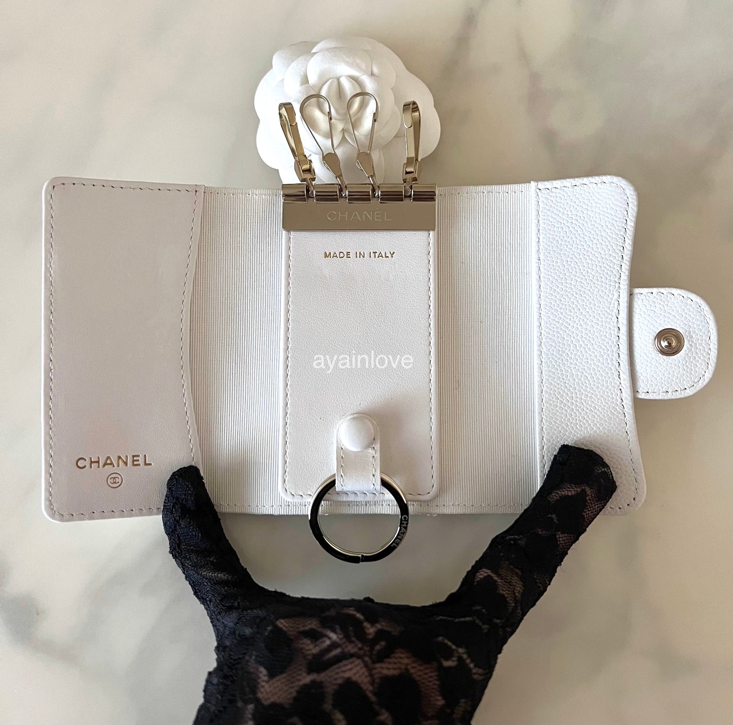 CHANEL 23K White Caviar Key Chain Flap Card Holder Light Gold Hardware