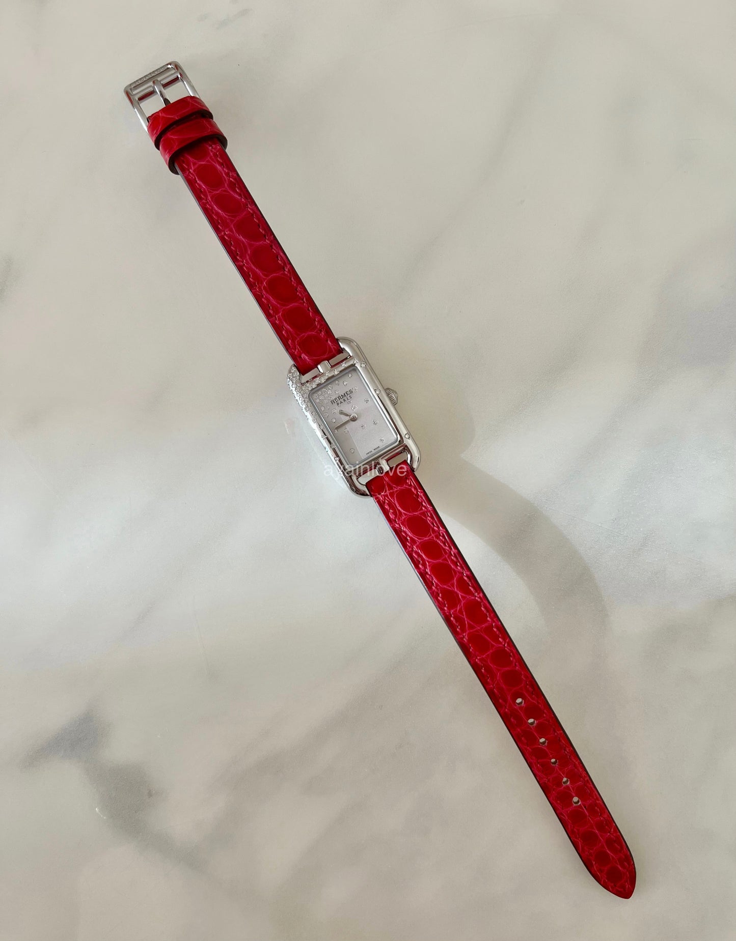 HERMES Nantucket 0.3ct Diamonds Watch Small 29mm Alligator Rogue Red Strap