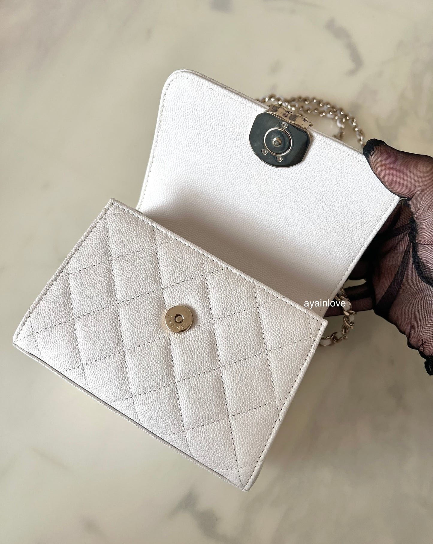 CHANEL 23P White Caviar Kelly Clutch Top Handle with Chain Light Gold Hardware