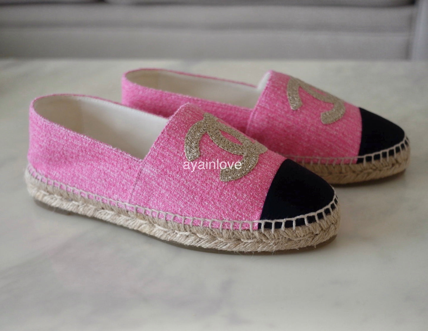 CHANEL Pink Gold Tweed Espadrilles Shoes Size 38 EU