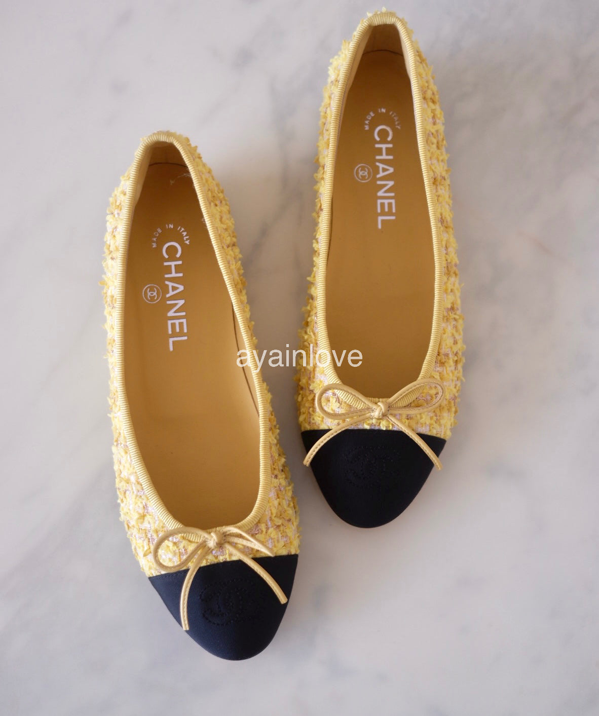 CHANEL CC Yellow Gold Tweed Ballet Shoes Size 38 EU