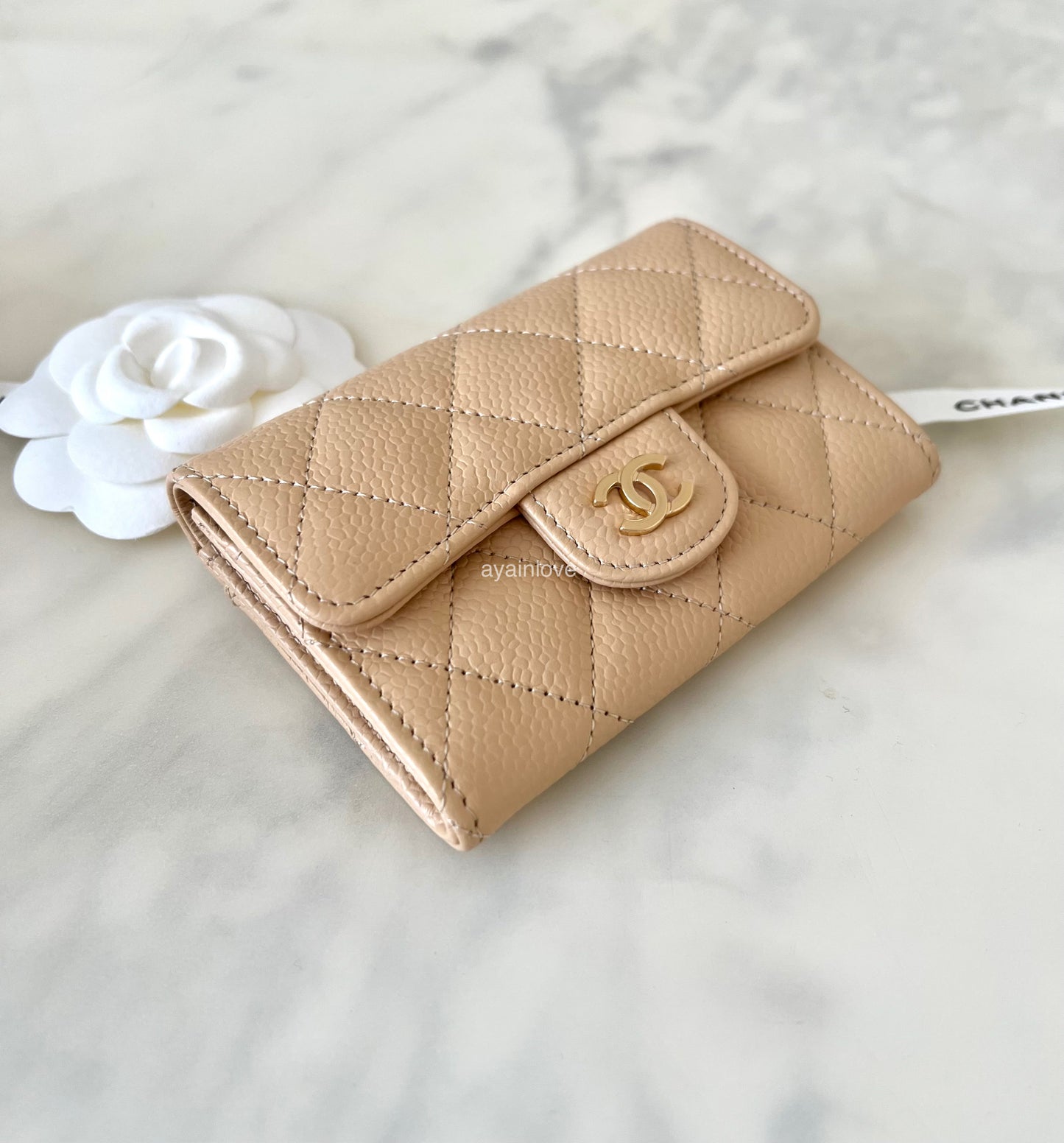 CHANEL Classic Beige Clair Caviar Small Snap Card Holder Gold Hardware