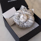 CHANEL 18P Tweed Camellia Brooch In Ecru And Black Light Gold Hardware