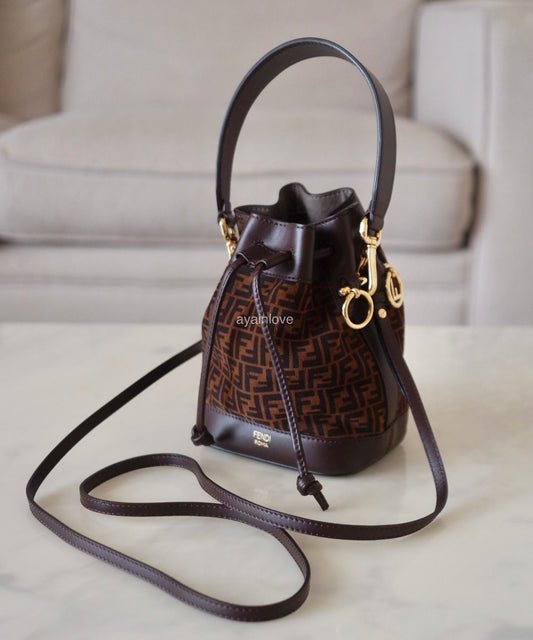 FENDI Mon Tresor Velvet Brown Bucket Mini Bag Gold Hardware