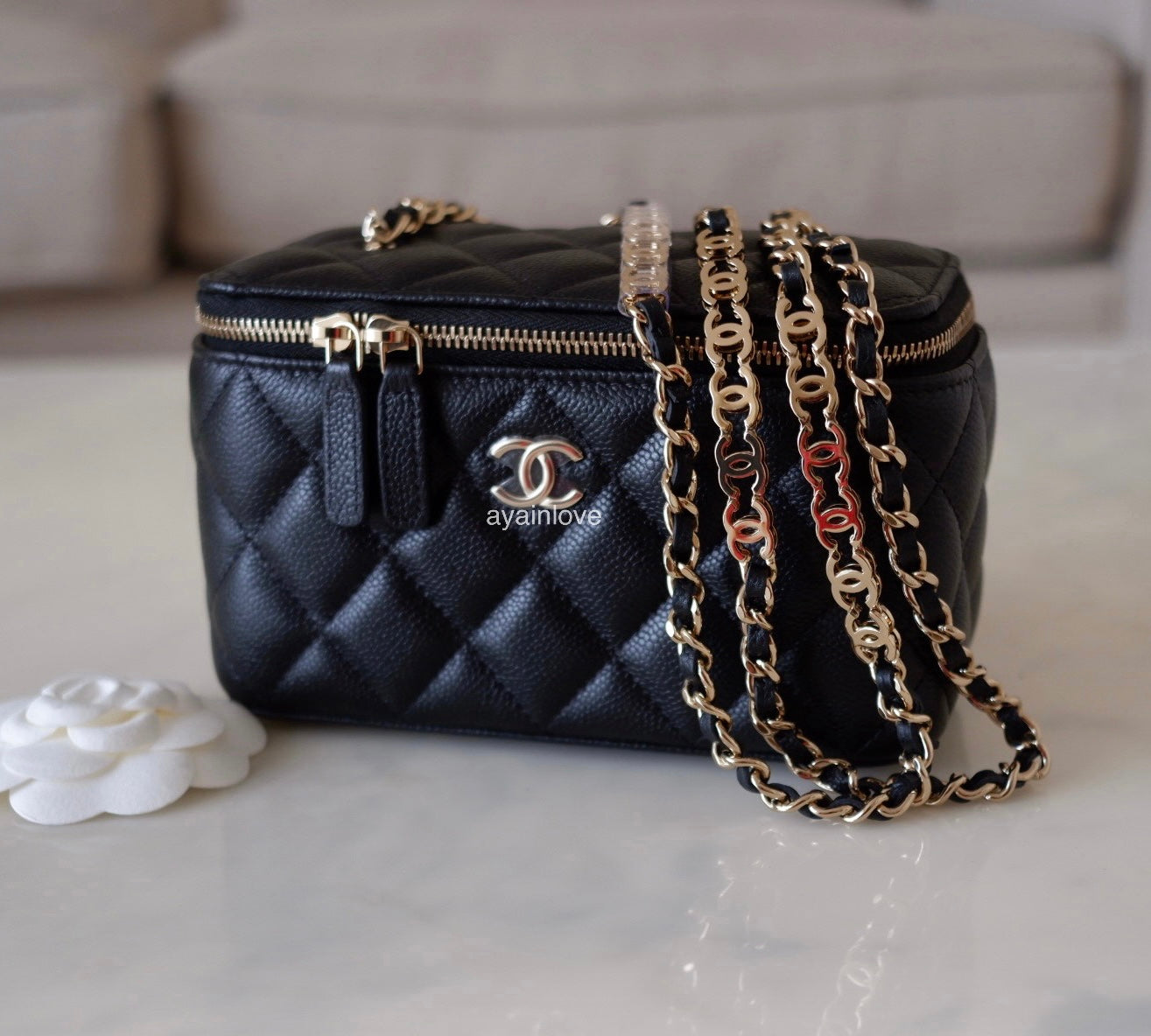 CHANEL 22P Black Caviar Rectangular Vanity on Chain CC Strap Light Gold Hardware