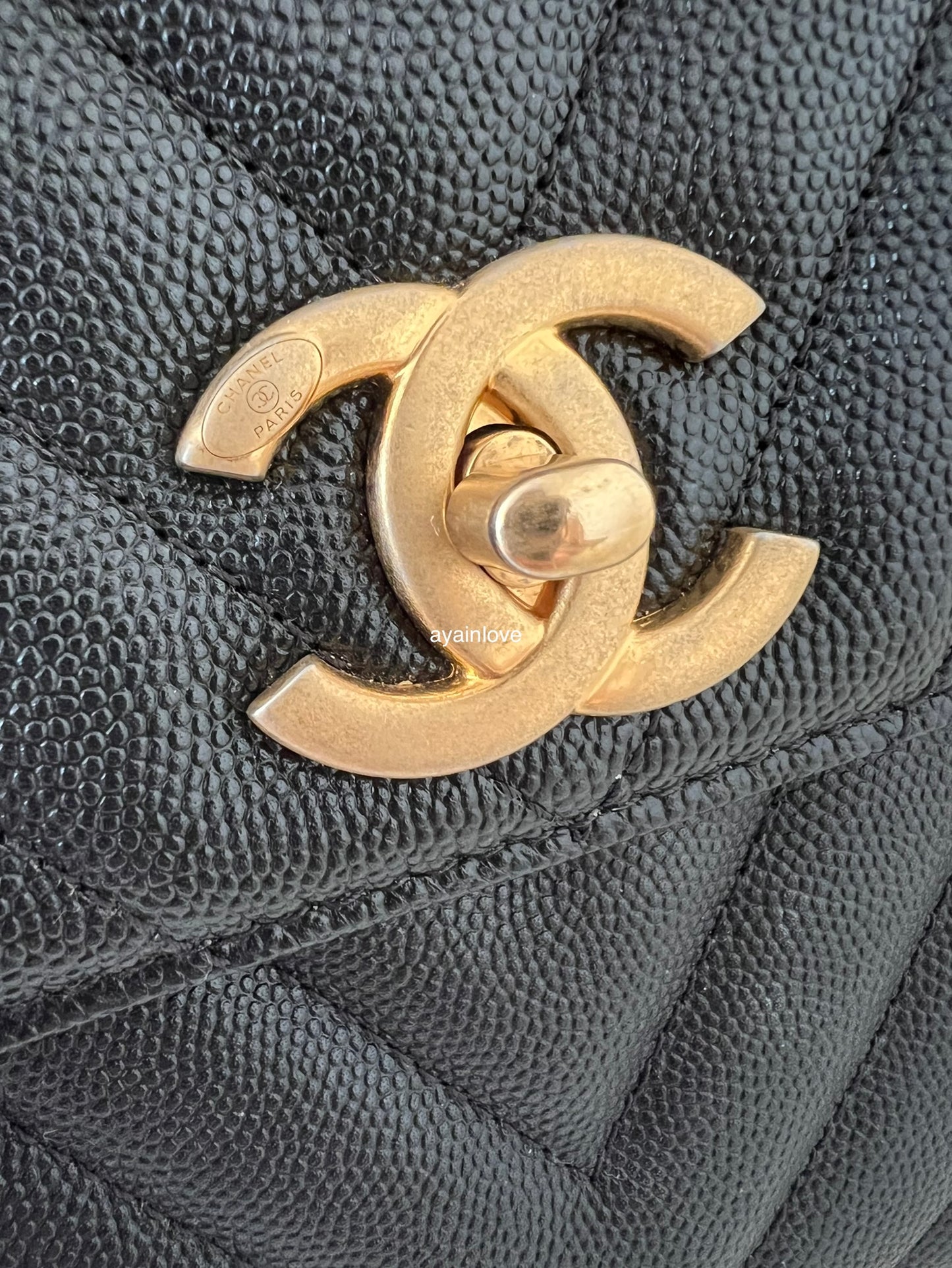 CHANEL Black Caviar Chevron Large Coco Handle 29 cm Flap Bag Brushed Gold Hardware