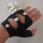 CHANEL Black CC Pearl Cut-Out Leather Fingerless Gloves Size 7.5