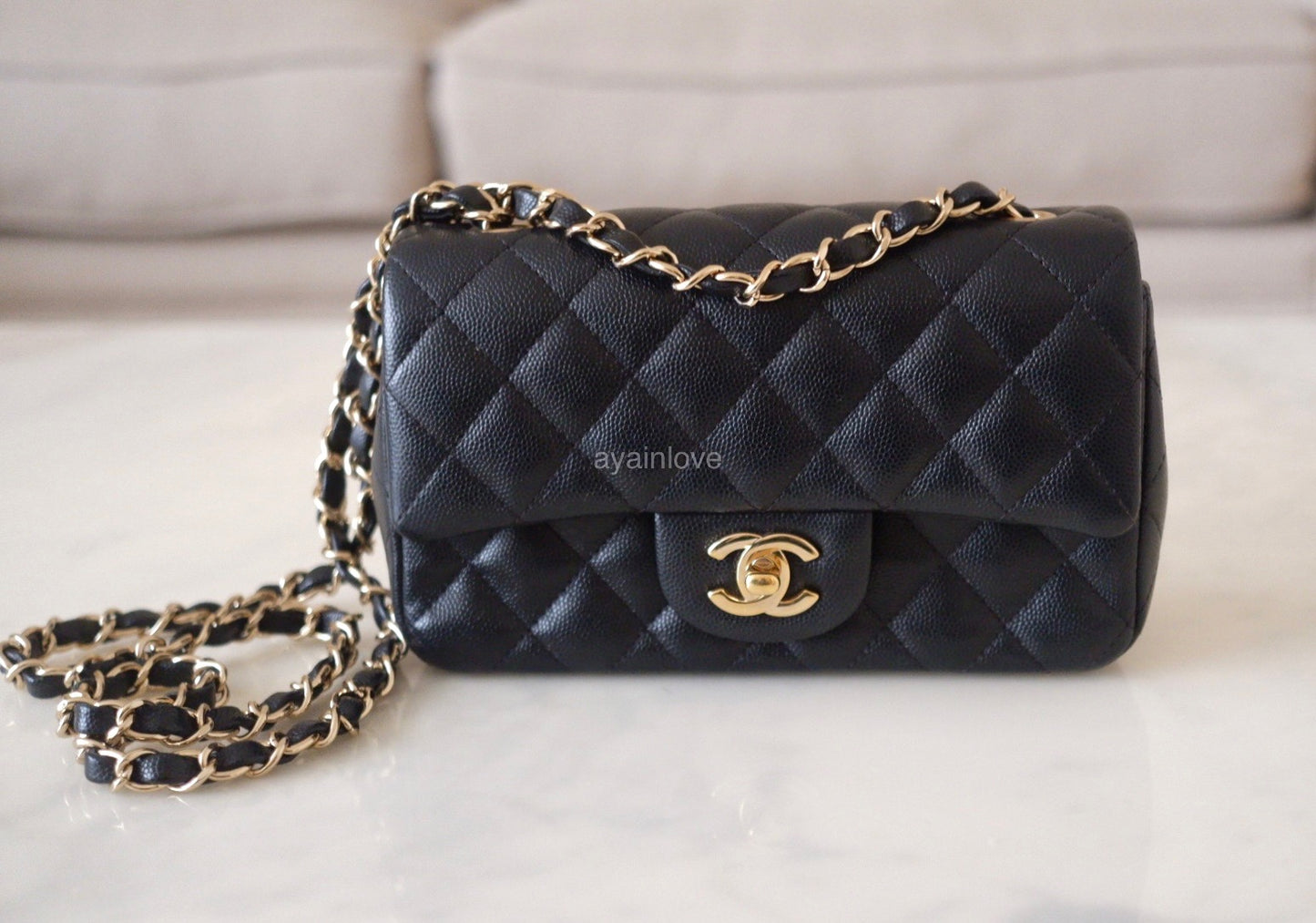 CHANEL 17B Black Caviar (Burgundy Interior) Quilted Classic Rectangular Mini Light Gold Hardware