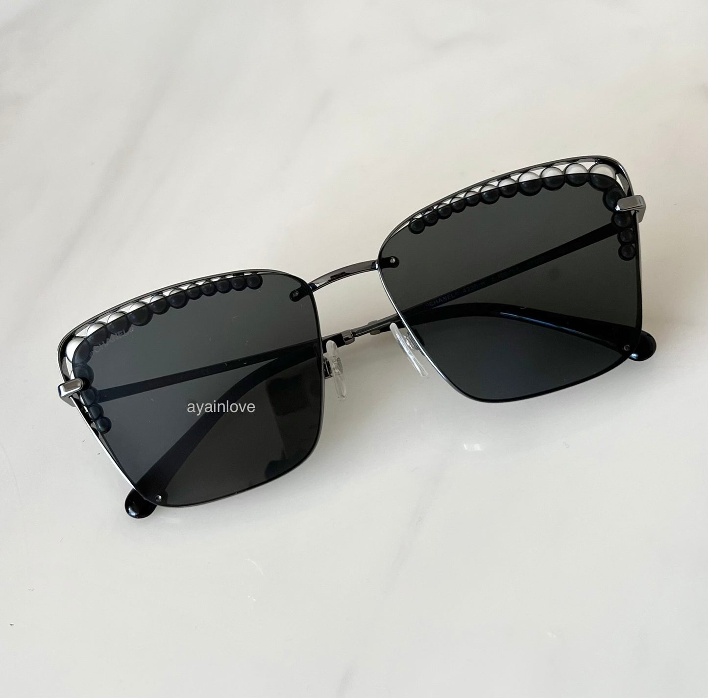 CHANEL Pearl Metal Silvertone Dark Grey Square Sunglasses 4235-H