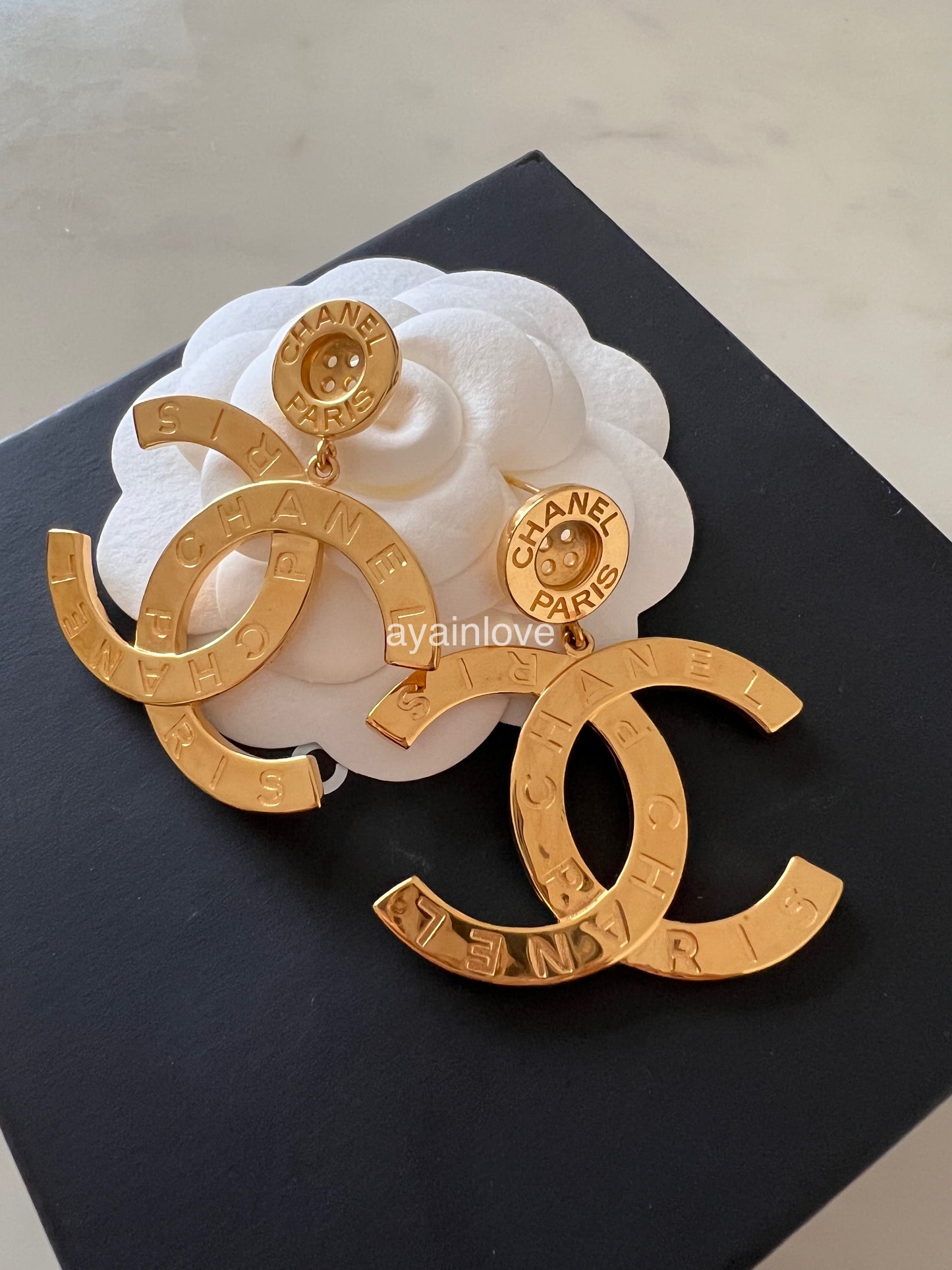 CHANEL 20A CC Paris Button Large Drop Earrings Gold Hardware