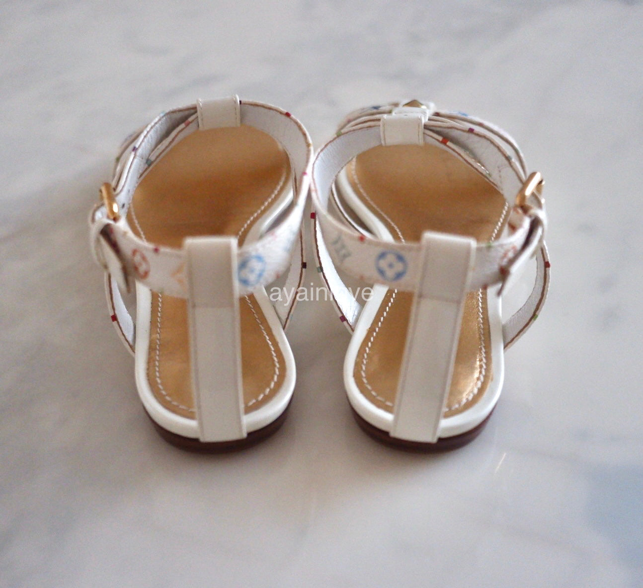 LOUIS VUITTON White Multicolour Murakami Ankle Sandal Strap Gold Hardware Sz 37