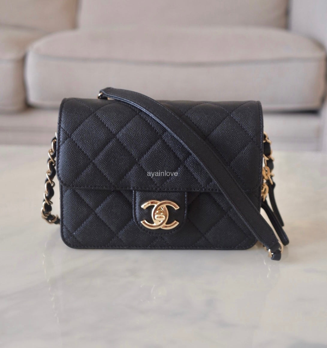 CHANEL 22C Black Caviar Like a Wallet Mini Flap Bag Gold Hardware