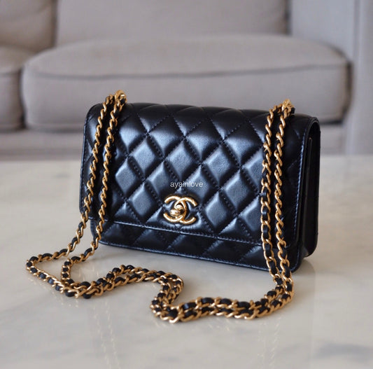 CHANEL Black Lamb Skin Microchipped Wallet on Chain Adjustable Strap Brushed Gold Hardware