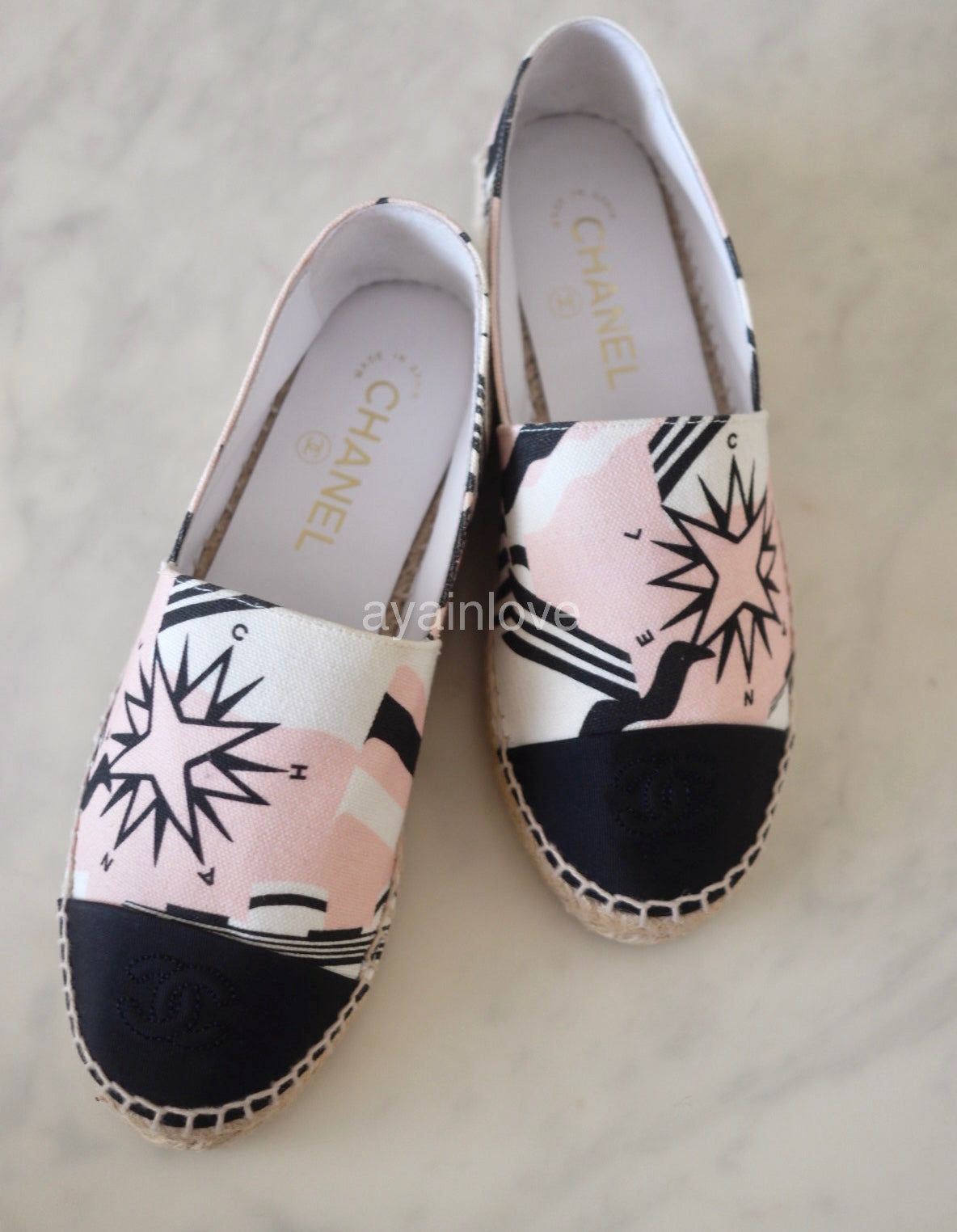 CHANEL 19C Star Pink White Canvas Espadrilles Shoes Size 37 EU