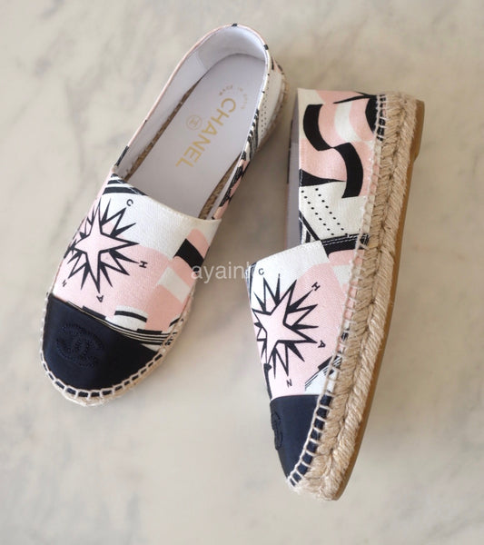 CHANEL 19C Star Pink White Canvas Espadrilles Shoes Size 37 EU