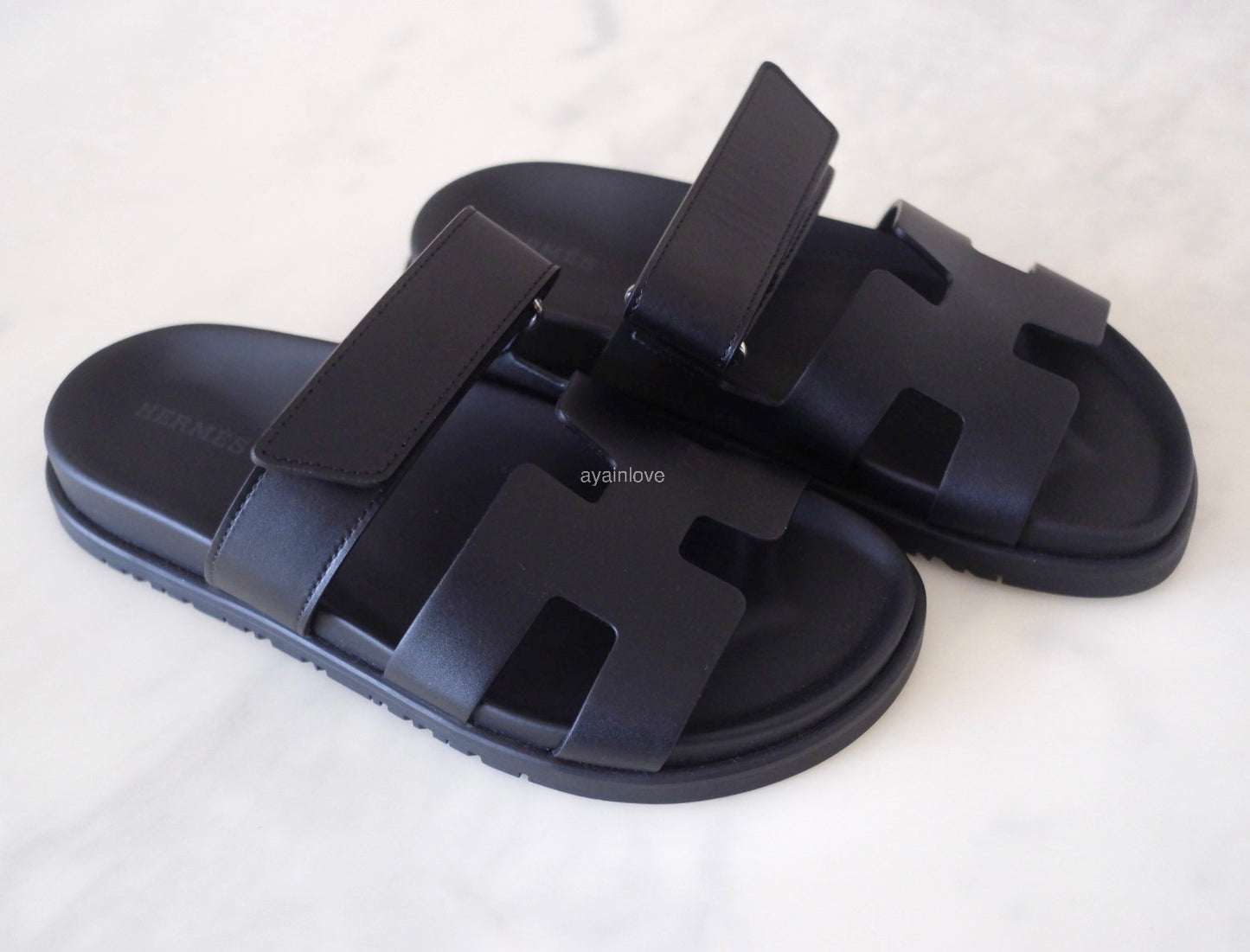 HERMES Black Noir Chypre Calfskin Sandals Size 36.5 EU