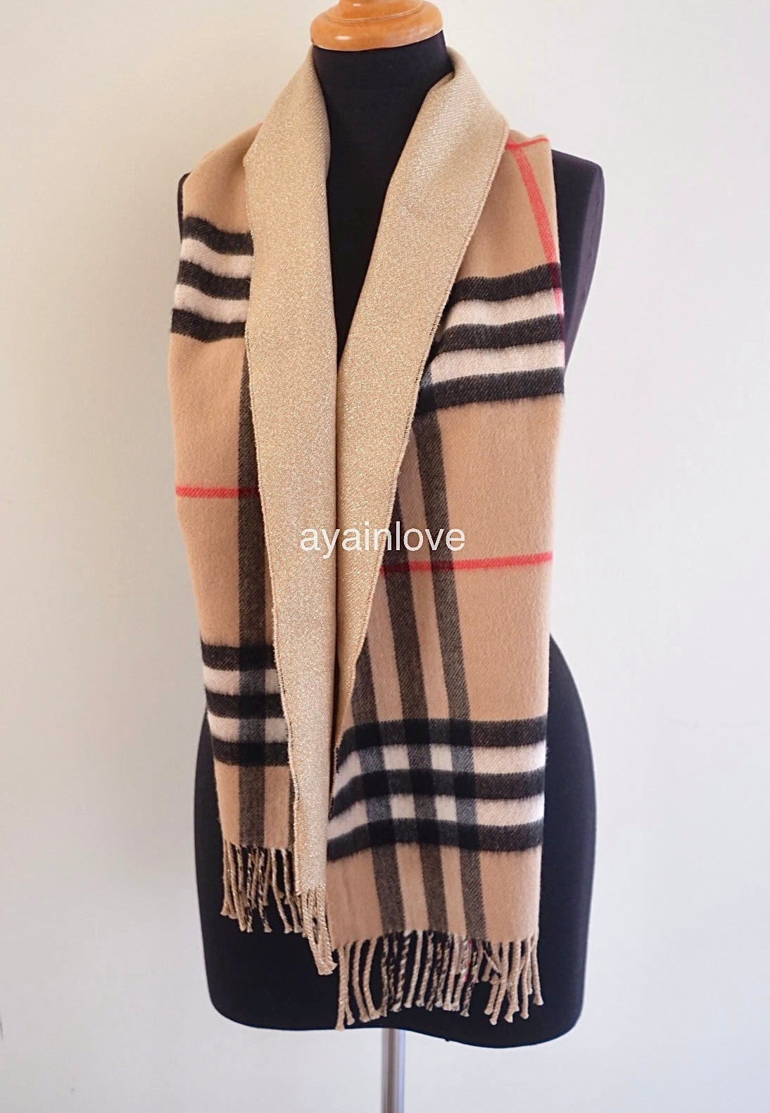 BURBERRY Reversible Wide Check Cashmere Archive Beige Glitter Gold Scarf