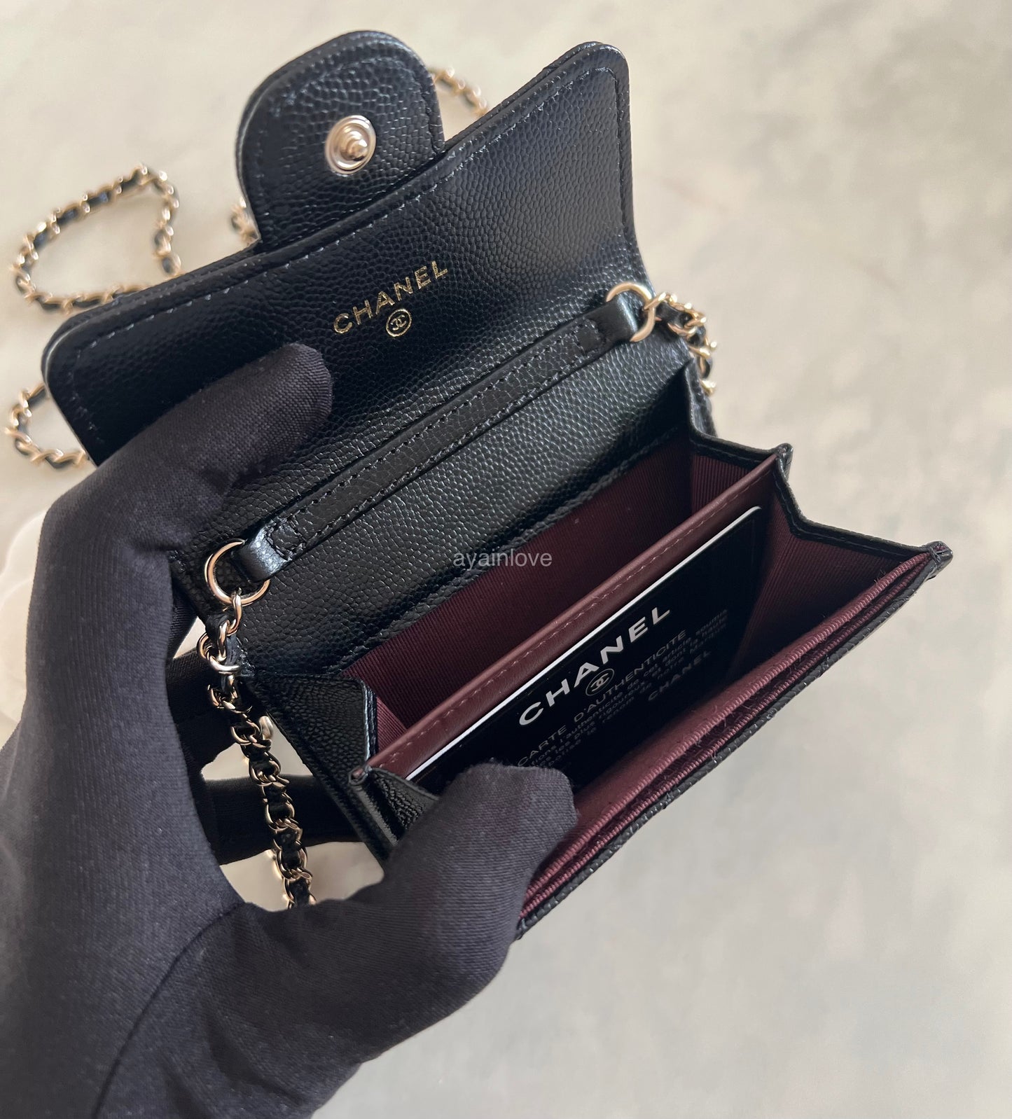 CHANEL Black Caviar XL Snap Card Holder on Chain Light Gold Hardware