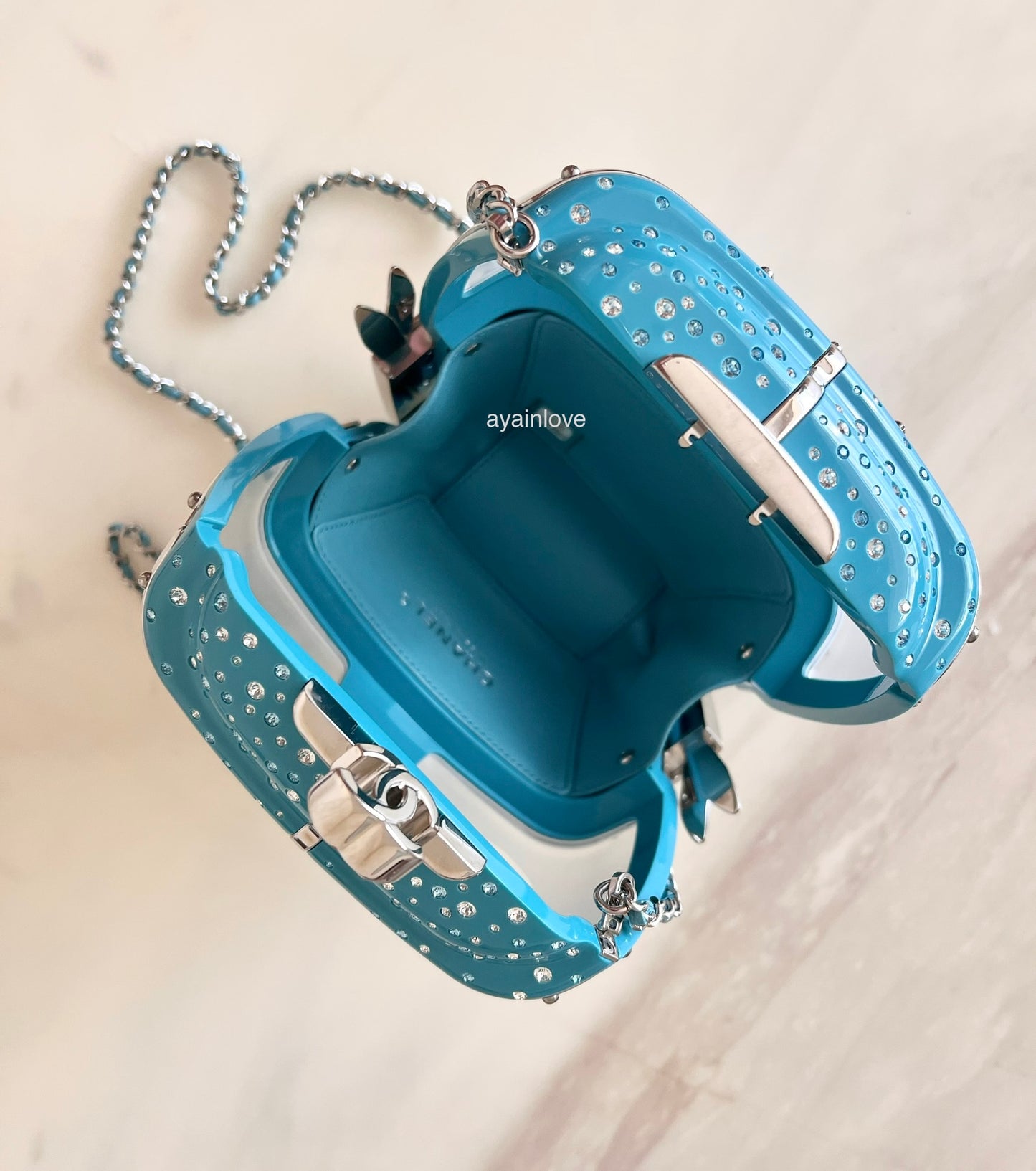 CHANEL 19K Limited Edition Evening in the Mountain Gondola Minaudiere Clutch Light Blue Lucite Enamel Crystals Silver Hardware