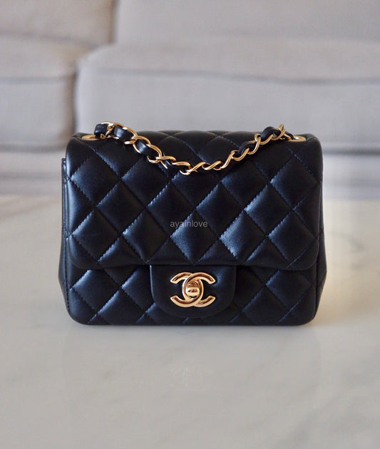 CHANEL Black Lamb Skin Quilted Classic Square Mini Microchipped Light Gold Hardware
