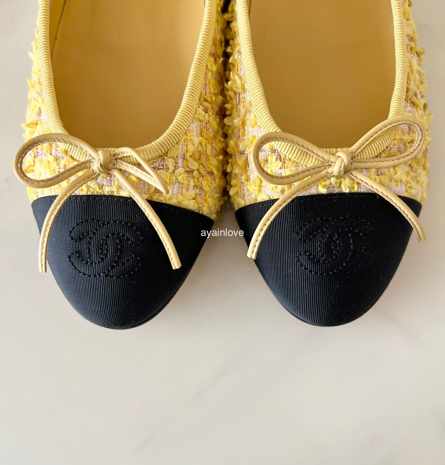 CHANEL CC Yellow Gold Tweed Ballet Shoes Size 38 EU