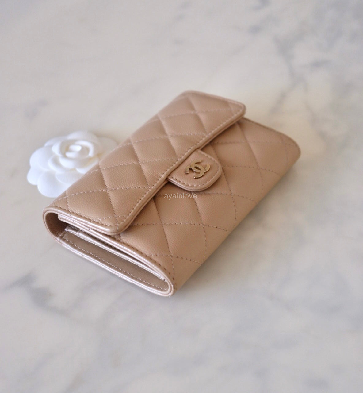 CHANEL Beige Caviar Medium Trifold Wallet Light Gold Hardware