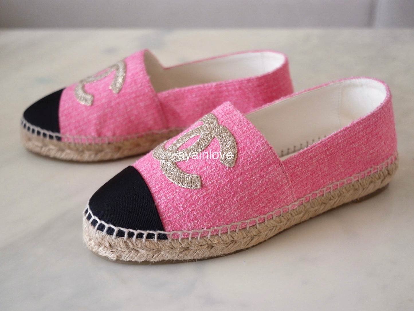 CHANEL Pink Gold Tweed Espadrilles Shoes Size 38 EU