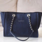 CHANEL Navy Blue Canvas Small Medium 34 cm Deauville *Microchipped* Tote Bag Silver Hardware