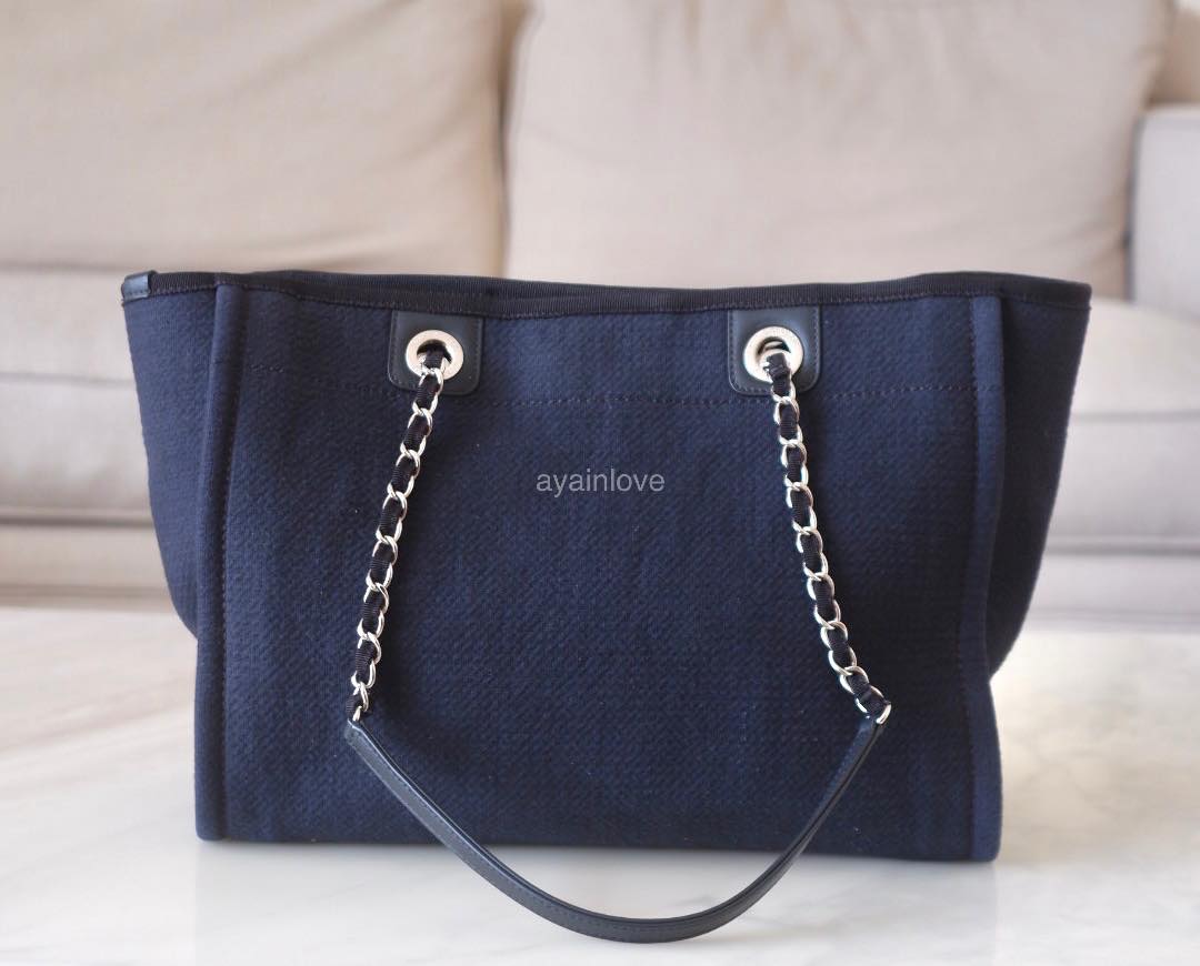 CHANEL Navy Blue Canvas Small Medium 34 cm Deauville *Microchipped* Tote Bag Silver Hardware