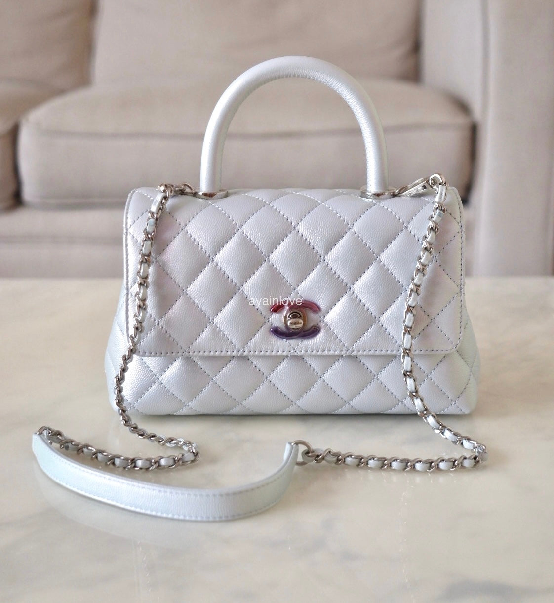 CHANEL 21K Iridescent Blue Caviar Quilted Small Coco Handle 24 cm Flap Bag Microchipped Rainbow Hardware