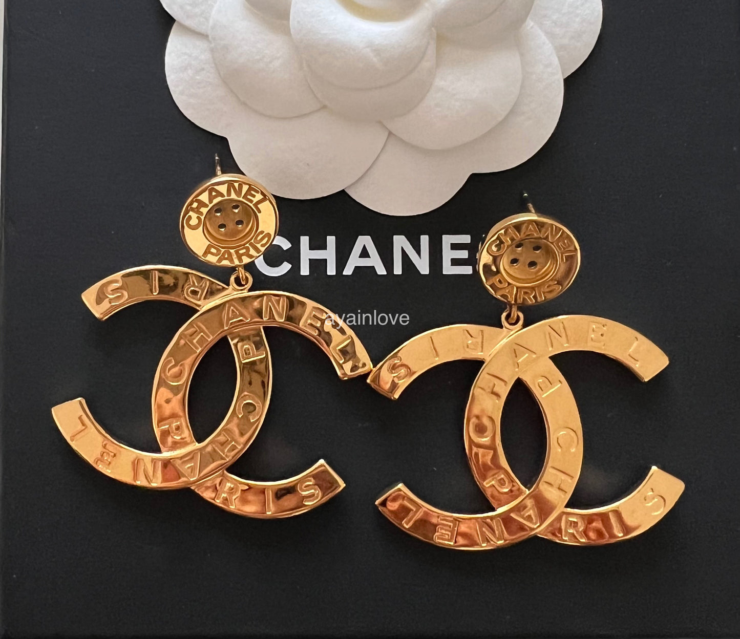 CHANEL 20A CC Paris Button Large Drop Earrings Gold Hardware