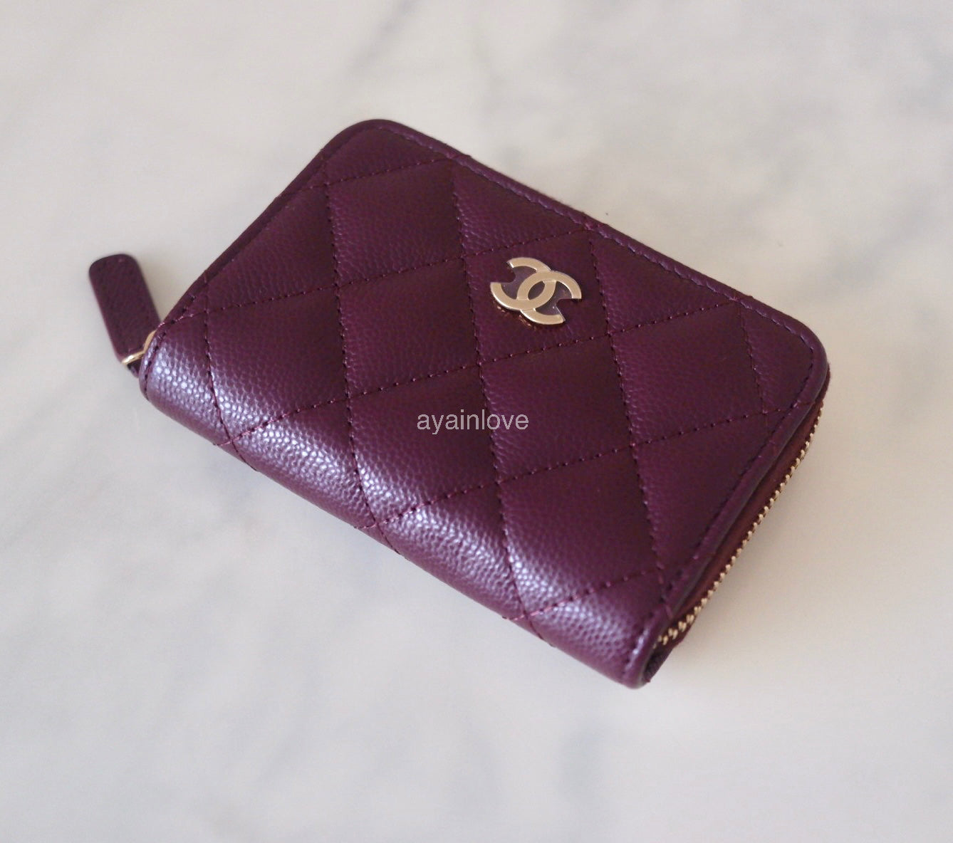 CHANEL 24B Burgundy Caviar Zippy Card Holder Wallet Light Gold Hardware