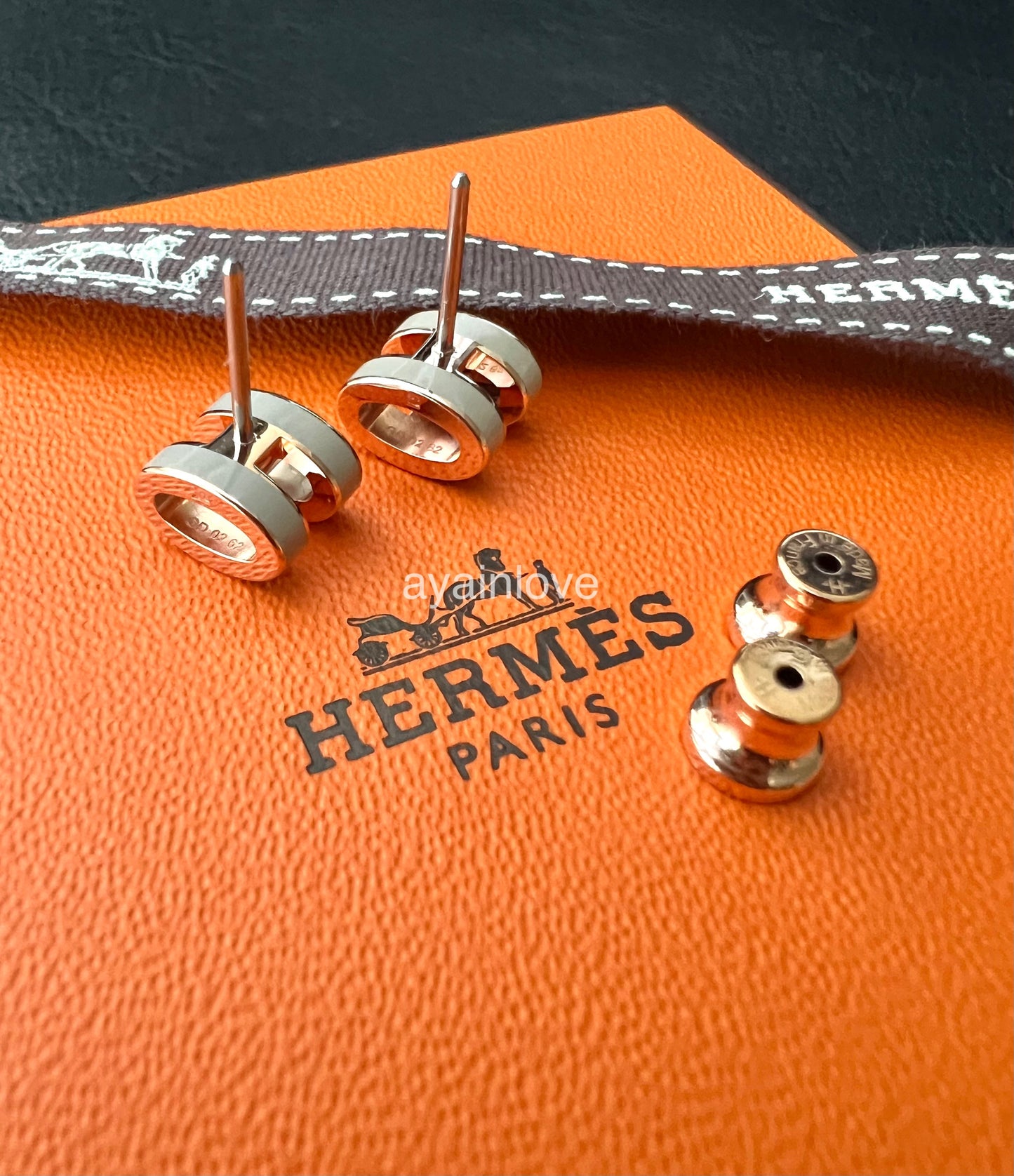 HERMES Mini H Pop Marron Glace Earrings Rose Gold Hardware