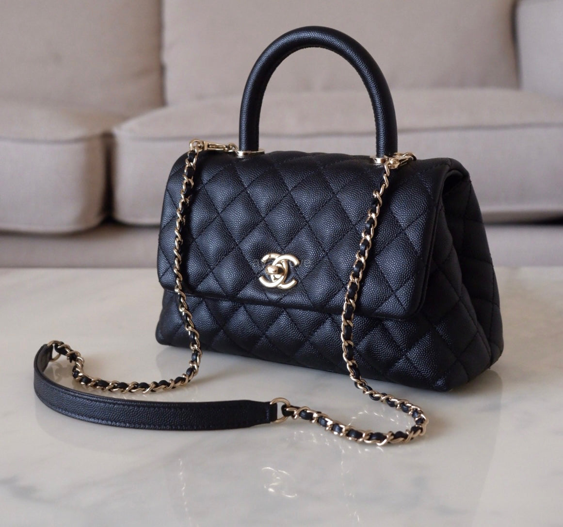 CHANEL Black Caviar Quilted Small Coco Handle 24 cm Light Gold Hardwar AYAINLOVE CURATED LUXURIES