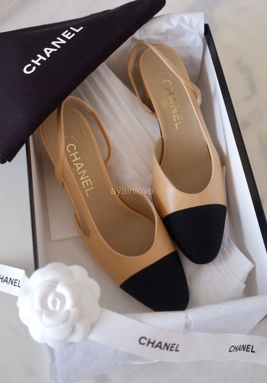 CHANEL Black Beige Lambskin and Grosgrain Classic Slingback Heel Shoes Size 38.5 EU