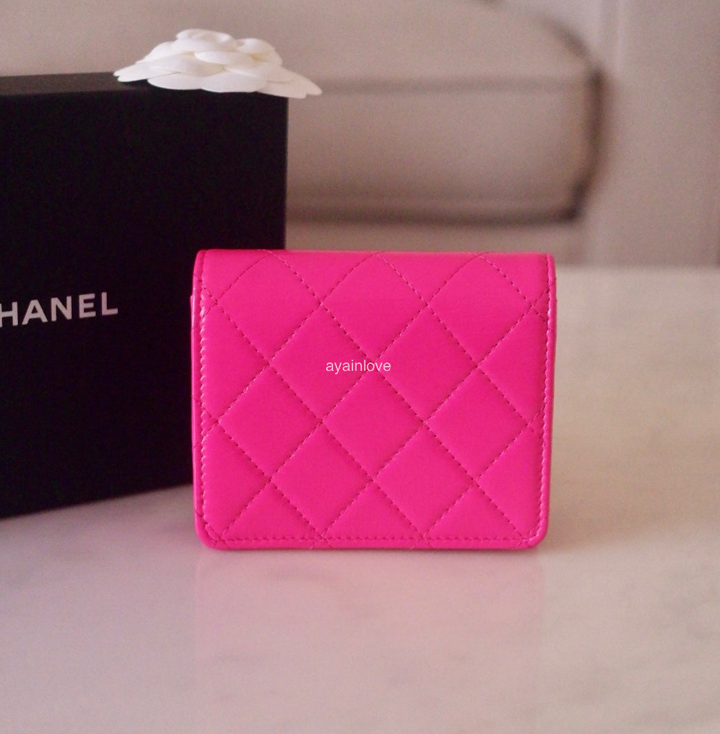 CHANEL 31 Hot Pink Shiny Calfskin Flap Card Holder Light Gold Hardware