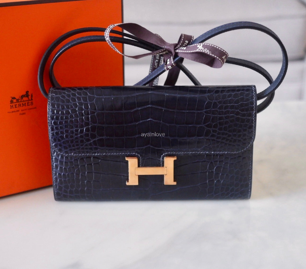 HERMES Constance Blue Indigo Bicolor Verso Shiny Alligator Long Wallet To Go Rose Gold Hardware