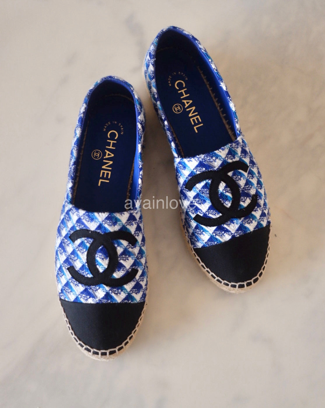 CHANEL 19C Multicolour Blue Black White Tweed Espadrilles Shoes Size 38 EU