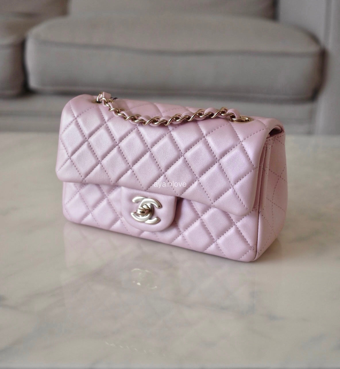 CHANEL 21S Iridescent Light Pink Calfskin Rectangular Mini Bag Light Gold Hardware