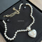 CHANEL Heart Pearl Crystal CC Necklace Light Gold Hardware