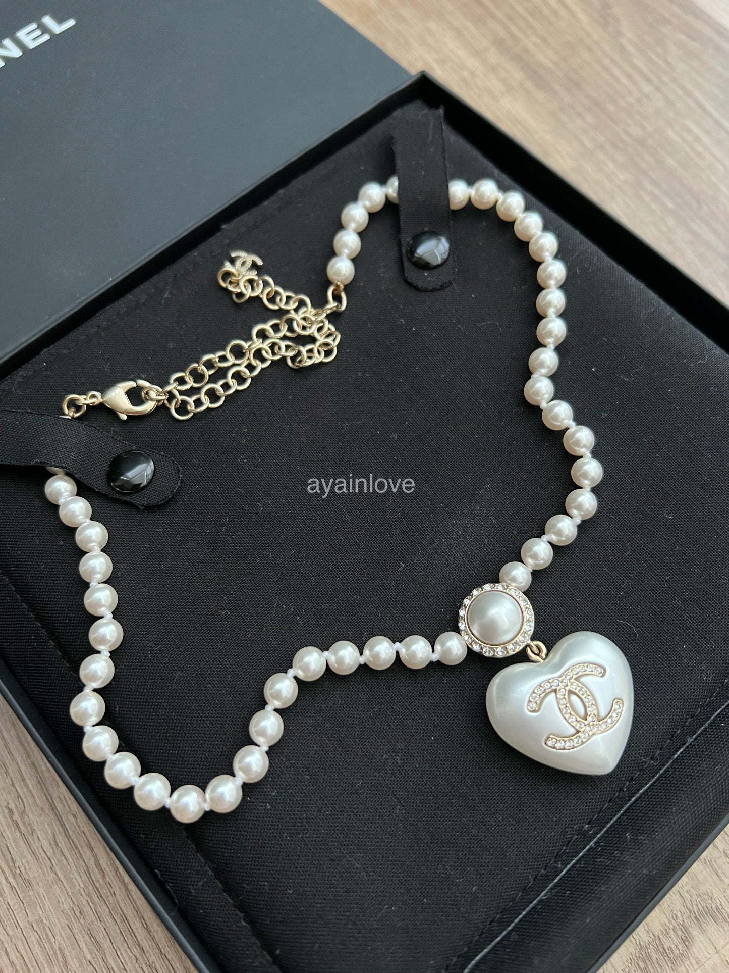 CHANEL Heart Pearl Crystal CC Necklace Light Gold Hardware