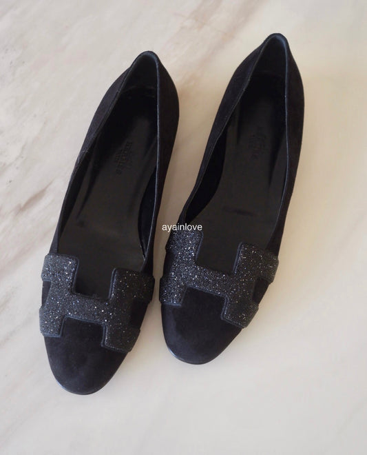 HERMES Ballerine Nice Oran Noir Black Chevre Velvet Poudre Flat Shoes Sz 37.5