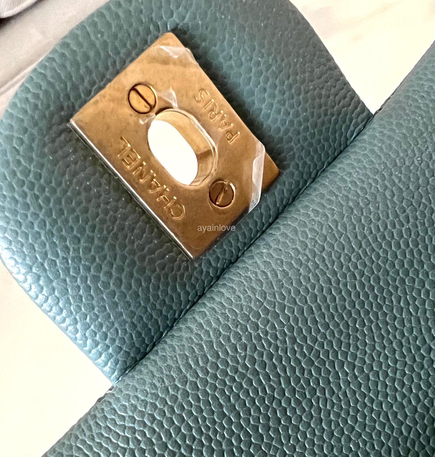 CHANEL 18C Iridescent Tiffany Blue Caviar Medium/Large Classic Flap Brushed Gold Hardware