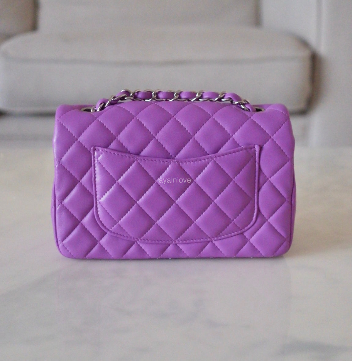 CHANEL 20C Purple Lambskin Quilted Rectangular Mini Flap Bag Silver Hardware