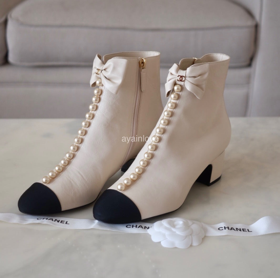 CHANEL White Ecru Black Pearl Ankle Boots Shoes Size 39 EU